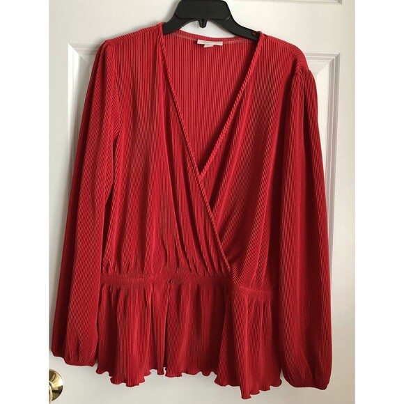 ON 34TH WOMEN'S TOP RED STRIPE WRAP, ELASTIC WAIST LONG SLEEVE PULLOVER, PEPLUM - Picture 2 of 7